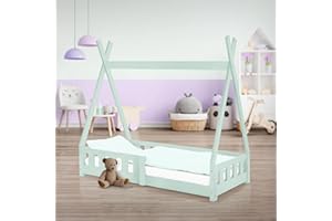 ML DESIGN MODERN LIVING ML-Design Cama Infantil Tipi 70x140cm con Protección Anticaída y Somier Estructura Listones de Madera de Pino Maciza Color Menta Lecho de Suelo Forma de Casa Mobiliario Juego Tienda de Campaña Niños