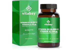 ‎VITABAY Vitabay Vitamin D3 K2 Hochdosiert 20000 IE Depot - 180 Vegane & Laborgeprüfte Vitamin D Tabletten ohne Zusätze - Trägt zur Unterstützung des Immunsystems und zur Erhaltung normaler Knochen bei