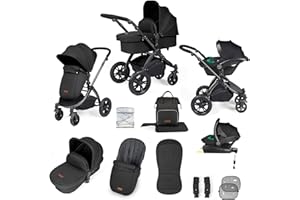 Ickle Bubba Stomp Luxe 12-Piece Travel System with i-Size Stratus Car Seat & ISOFIX Base – All-Terrain Pram, Pushchair, Carrycot, Footwarmer & Rain Cover, Birth to 4 Years* (Black/Midnight/Black)