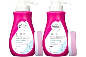 VEET PURE - Lot de 2 Crème Dépilatoire Sous la Douche Corps & Jambes - Peaux Sensibles - Sans Odeur d'Amoniaque - 2 x 400ml