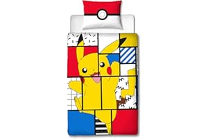Character World Copripiumino Singolo Pokemon Pikachu con Licenza Ufficiale Pokeball Double Face Super Memphis Design con Federa Coordinata, Poliestere