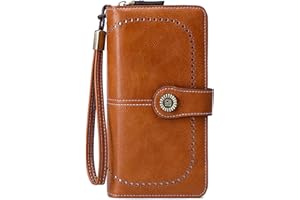 FORRICA Cartera Mujer Grande Monedero Cremallera RFID Bloqueo Billetera Múltiples Compartimentos Tarjeteros Cartera Cuero PU con Correa Muñeca Marrón