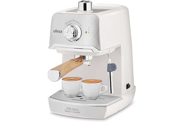 Ufesa CE7238 Machine à Café Expresso et Cappuccino, Buse Vapeur, 20 Bars, 2 Modes: Café Moulu ou à Dose Unique, Réservoir d'1.2L, Plateau Réchauffe-Tasses, 850W, Cream
