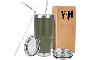 YJH Y·JH 30oz (850ml) Taza Termo Cafe Para Llevar - Vaso Con Pajita - Taza Térmica de Acero Inoxidable Reusable - 2 Tapas a Prueba de Salpicaduras Pajitas - Verde Militar
