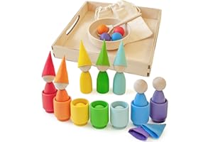 Ulanik Tęcza Lalki Peg i Kulki w Kubkach Zabawki Drewniane Montessori dla Dzieci 3 + Lat Gra Motoryczna i Sensoryczna dla Niemowląt do Nauki Kolorów i Liczenia