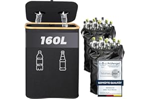 MIDINGCHAI Pfandflaschen Sammelbehälter 2 Fächer 160L - Wäschekorb mit Deckel, Behälter Leergut & Altglas & Papiermüll Sammelbehälter, Pfandflaschen Behälter Bambus mit Beutel, must have