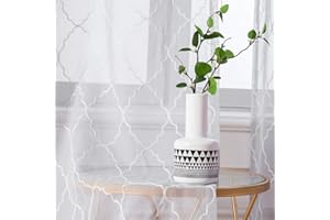 MIULEE Cortinas Bordadas Translucida de Dormitorio Visillos de Habitación con 8 Anillas Poliéster Dedoración Moderna para Ventana Salón Cuarto Comedor Cocina 140x225cm 2 Hojas Geometría Blanco