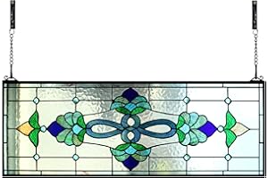 Yogoart Extra Large Horizontal Blue Victorian Stained Glass Window Panels Hanging Transom Window Panels (35" X 12")