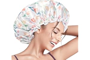 Aquior Shower Cap, Reusable Shower Cap for Women, Double Layer Waterproof Hair Cap, Large Size for All Hair Lengths,for Girls Spa Home Salon Use(White-Tulip)