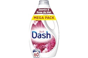 Dash 2en1 Lessive Liquide Jasmin et Rose de Mai, 60 Lavages, 3 Semaines de Fraîcheur, Avec Lenor, Notes Florales et Baies Rouges, Nettoyage en Profondeur, Fabriquée en France