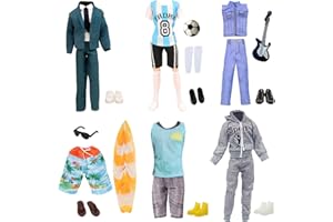 CARREUTY 16 ropa y accesorios para Ken 12 pulgadas: 6 tops + 6 pantalones + 6 pares de zapatos + gafas + fútbol + trofeos + tabla de surf