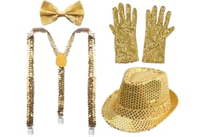 CARNAVALIFE Juego 4 de Tirantes Elásticos Pajaritas Ajustables Guantes y Sombrero de Copa de Lentejuelas Brillantes para Niños Disfraz de Fiesta Carnaval Halloween Navidad