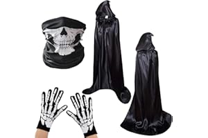 BOFUNX Larga Capa Negra con Capucha Medieval Traje de Vampiro Bruja+Máscara de Calavera+Guantes de Esqueletos Accesorio para Disfraz de Halloween Carnaval Navidad Fiesta Cosplay para Mujeres Hombres