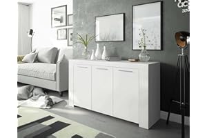 Dmora - Credenza Bellevue, Buffet da soggiorno, Mobile porta TV, Madia per salotto, Armadio moderno a 3 ante, 144x42h80 cm, Bianco