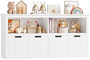 FOREHILL Larghezza 120 cm Scaffale Portagiochi Bambini, 4 Cassetti a Ruote, Libreria per Bambini con 2 Scomparti Aperti, Contenitore in Legno, per Cameretta e Stanza dei Giochi, 120x61.5x33cm, Bianco