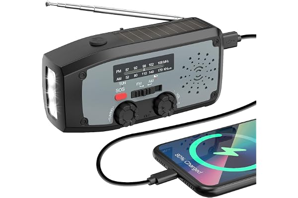 Dolucky Radio Solaire d’Urgence, Radio à Manivelle Auto-alimentée avec Batterie Rechargeable 2000mAh, AM/FM Radio Solaire avec Lampe de Poche LED, Alarme SOS pour Camping Randonnée Survie, Noir