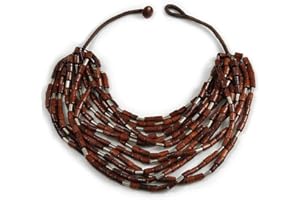 Avalaya Statement Multistrand Wood Bead Cotton Cord Bib Style Necklace in Brown - 64cm Long