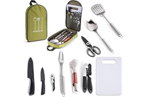 YEENAIV 10 Pièces Ustensiles de Cuisine de Camping Accessoires Essentiels pour Le Camping Inoxydable Set Pique Nique Bivouac Materiel Idéal pour Les Randonnées et Les Barbecues en Camping