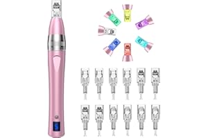 Robofun Stylo Beauté Microneedling avec 7 Lumières, Électrique Microneedling avec 12 Cartouches & 5 Vitesses pour Soin Visage & Corps, Conception Sans Fil et Rechargeable - Rose