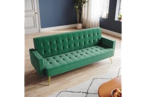 ZANOFIRA 3 Seater Click Clack Sofa, Green Luxury Velvet Mid Century Modern Couches w/Square Armrest Comfy Small Sofas for Living Room, Bedroom, Apartment, Home Office