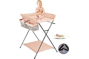 HUOLE Tables à langer,Table à langer et Baignoire 2 en 1 pour bébé, De la naissance à 12 mois (jusqu'à 25kg), Table à Langer Pliable et Portable Table à Langer pour Bébé avec 4 roulettes,80*66*98cm（Rose）
