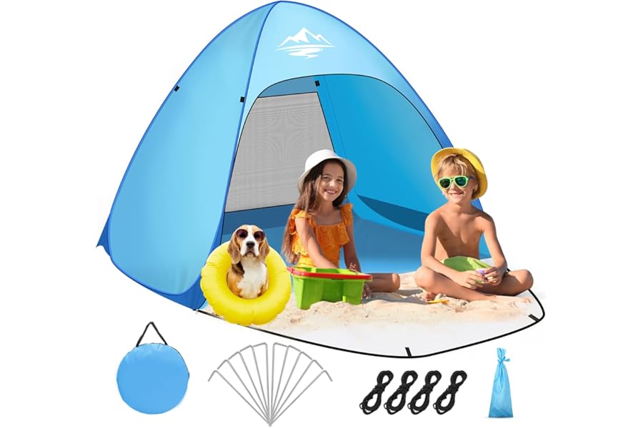 Pop Up Beach Tent for 1-3 Person, UV Protection Beach Sun Shelter with Zipper Porch, Portable Automatic Instant Easy SetUp Sun Shade Baby Beach Tent for Beach, Garden, Picnic
