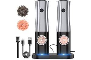 QENSPE Set di 2 Macina Sale Pepe Elettrico con Base Ricaricabile, Set Macina Pepe Sale Automatico, Macina Spezie Regolabile, Funzionamento con una sola mano, Acciaio Inox Premium, con Luce LED