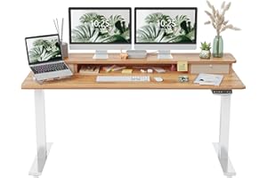FEZIBO Height Adjustable Electric Standing Desk with Double Drawer, 150 * 60cm Stand Up Table with Storage Shelf, Sit Stand Desk with Splice Board, White Frame/Light Brown Top