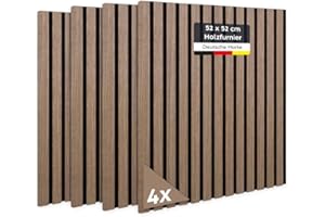 JELLE & JACOB Panneaux acoustiques muraux en placage bois noyer 52 x 52 cm, lot de 4 panneaux tasseaux sur feutre acoustique noir, lamelles 3D, acoustique agréable - déco intérieure scandinave