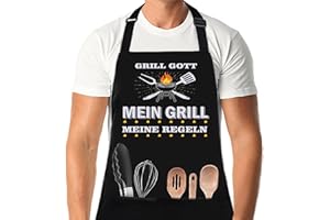 XCSJKJ Kochschürze Herren Grillschürze für Männer Schürze Lustig, mit 4 Taschen Grill schürze für Männer Küchenschürze Herren Personalisiert Grill Schürze MEIN GRILL GOTT