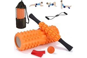 ZAXIVA Orangé Rouleau Massage Foam Roller 5 en 1, Rouleau Massage dos, Bâton de Rouleau de Massage, Balle de Massage, Tendeur, Bande de Résistance pour Massage des, Fitness Pilates Accessoires kit Massage