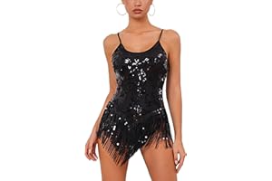 IMEKIS Women Sequins Fringe Tassel Bodysuit Latin Dance Cami Leotard Music Festival Party Dancewear Nightclub Costume Halloween Carnival Rave Outfit
