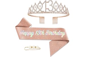 POPOYU 13th Birthday Girl Sash and Tiara,Rose Gold 13th Birthday Crown and Sash for Her,Girls 13thBirthday Decorations Party Accessories,BirthdayCrown Costume Set for Girls 13th.Birthday Gifts