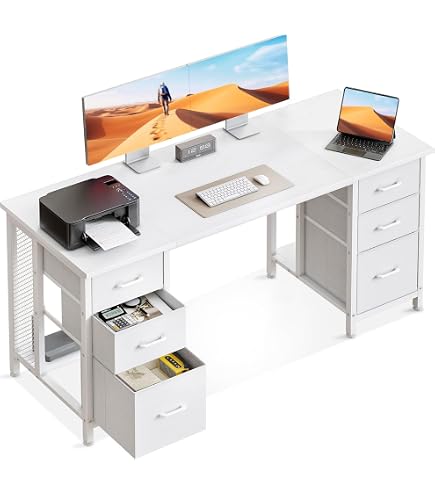 Bureau Gamer LED Avec Rangement - 150x50 Cm, Blanc Fibre Carbone, Prises Intégrées, éclairage RGB Réglable Via Appli