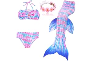 DAXIANG Fille 3pcs Nageoire de Sirene Maillots de Bain Mermaid Bikini Ensembles,Bleu Rose,8-9 Ans