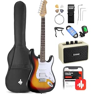 Donner DST-100S 39 Inch Full Size Electric Guitar Kit Solid Body Sunburst, Beginner Starter, with Amplifier, Bag, Capo, Strap, String, Tuner, Cable, Picks