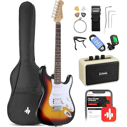 Donner DST-100S 39 Inch Full Size Electric Guitar Kit Solid Body Sunburst, Beginner Starter, with Amplifier, Bag, Capo, Strap, String, Tuner, Cable, Picks