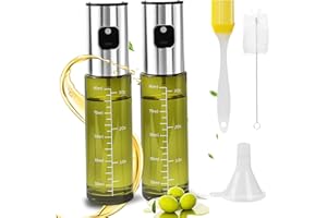 ACOMTUO 2 Stuck Oil Sprayers, 100ml Ölsprüher, Grünes UV-Schutz Glas & Vollmantel Edelstahl, Professionell Ölspray 100% BPA frei - für Grillen, Salat, Backen, mit Skala, Reinigungsbürste & Trichter