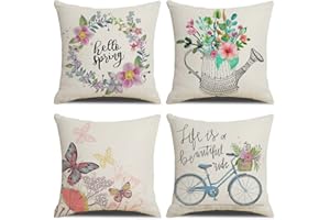 KSSKEN Fundas Cojines 45x45cm, Juego de 4 Fundas de Cojines Flores de Primavera Algodón Lino Decorativa Hogar Almohadas Fundas para Sala Sofá Cama Decoración para Hogar
