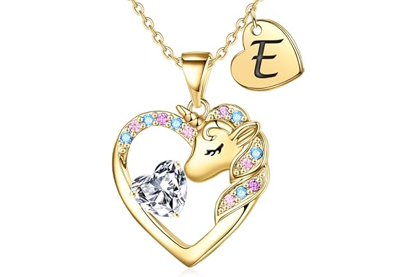 TINGN Enhörning presenter till flickor – enhörning halsband för flickor 14 karat förgylld enhörning kedja barn hjärta halsband med bokstäver kedja flicka smycke födelsedagspresent för dotter