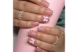 TELAIN 24 sztuki paznokci z francuskim manicure w panterkę, krótkie, kwadratowe, urocze sztuczne paznokcie, różowe błyszczące kokardki, zapewniające pełne pokrycie paznokcie do naklejenia