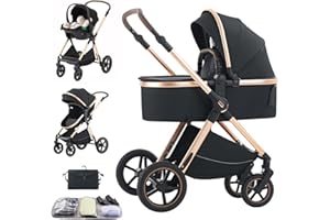 Shineey Kinderwagen 3 in 1,Puppenwagen Buggy Faltbarer Kinderwagen Set, Kombikinderwagen 3 in 1 mit Großer Bequemer Babywanne, Laufwagen Rahmen Aluminiumlegierun (D2 BLACK, H2-D)