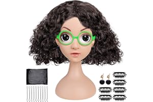 HONMOK Mirabel Wigs Set for Girls Encanto Mirabel Costume with Mirabel Glasses Earrings for Kids Girl Curly Hair Fancy Dress Up for Carnival World Book Day Halloween Theme Party Cosplay Outfit