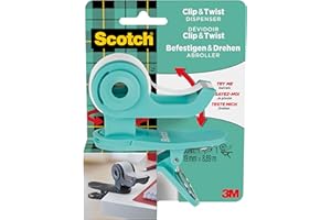 Scotch Clip&Twist, Dévidoir de ruban C19, Rechargeable, Turquoise + 1 Rouleau de Ruban invisible Scotch Magic, 19 mm x 8,89 mm - Idéal pour le Bureau et la Maison