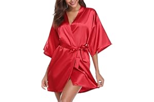 Vlazom Womens Kimono Robes Dressing Gown Satin Bathrobe Nightdress Short Style Bridal Robe with Oblique V-Neck