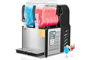 VEVOR Machine à Granité Commerciale 2x4 L Double Réservoir, Machine à Boissons Glacées en Inox de 32 Tasses, Distributeur de Boissons Frappées Granitas Margarita Smoothie, pour Restaurants Cafés Bars