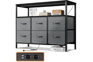 ODK Cassettiera Como Camera da Letto,con 2 Prese e 2 Porte di Ricarica USB,Contiene 6 Cassetti Grandi Cassettiera Cameretta,Comò Camera da Letto Cassettiere e Credenze Per Soggiorno,Nero