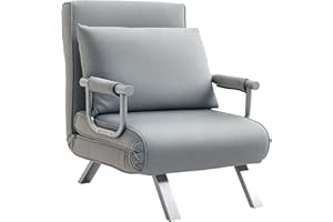 HOMCOM Single Chair Bed, Click Clack Convertible Bed Settee, Modern Faux Suede Upholstered Lounge Couch with Pillow for Living Room, Guest Room, Light Grey