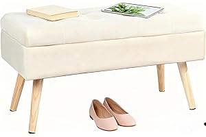 ‎HAWTHYHOME Hawthyhome Sitzbank mit Stauraum 80 × 35 × 43 cm, Sitztruhe mit Aufbewahrungsbox Truhenbank Samt Polsterbank mit Holzbeine für Flur Wohnzimmer Schlafzimmer Ivory