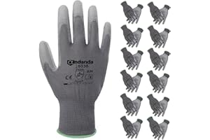 ANDANDA Gants de Travail, 12 Paires, Gant Tricoté sans Couture, Revêtement en PU sur la Paume et les Doigts, Excellente Adhérence, Gants Protections, l'Entreposage, la Logistique, l'Assemblage, M